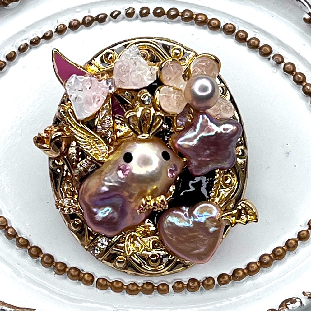 Handmade Freshwater Metallic Pink Flameball Pearl Character Pendant Brooch 🌺❤️⭐️